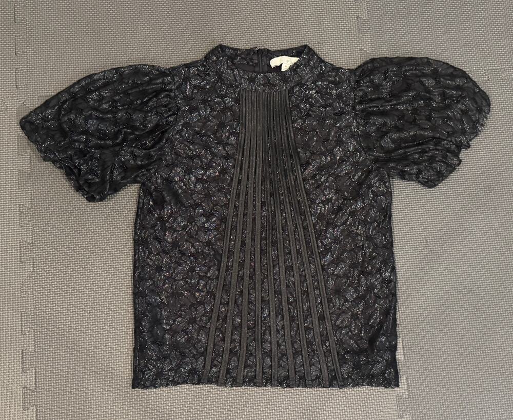 Pinch Black Metallic Lace Puff Sleeve Top M Pintuck Mock Neck Holiday Blouse